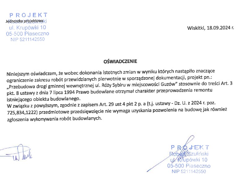 oswiadczenie-projektanta Guzów, ul. Róży Sybiru, 12 miesięcy przez kolce!